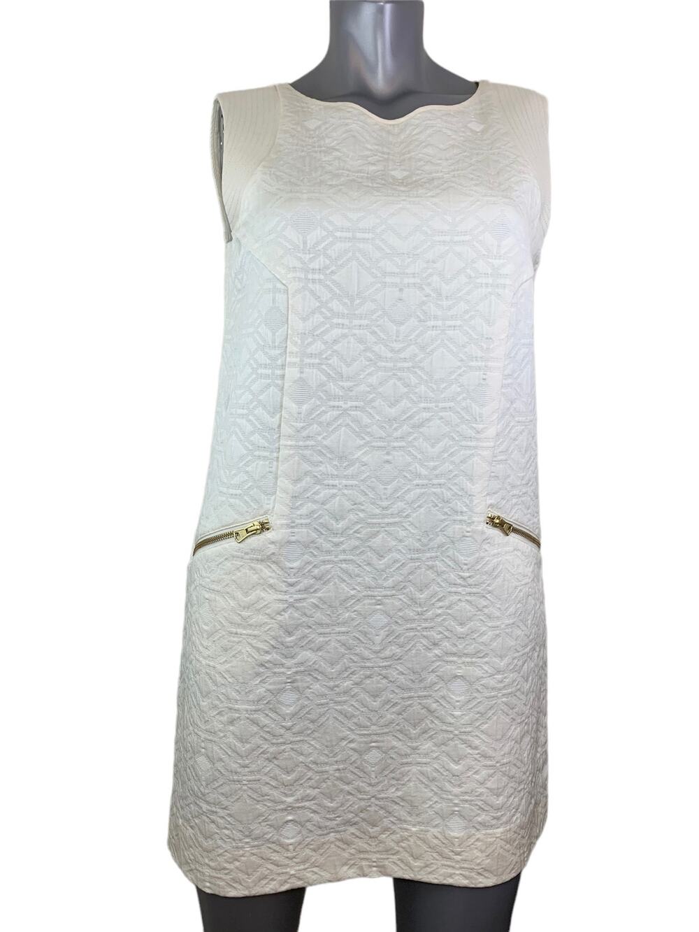 J. Crew Jacquard Cream Off-White Dress Small Zip Pocket Shift Wedding Guest